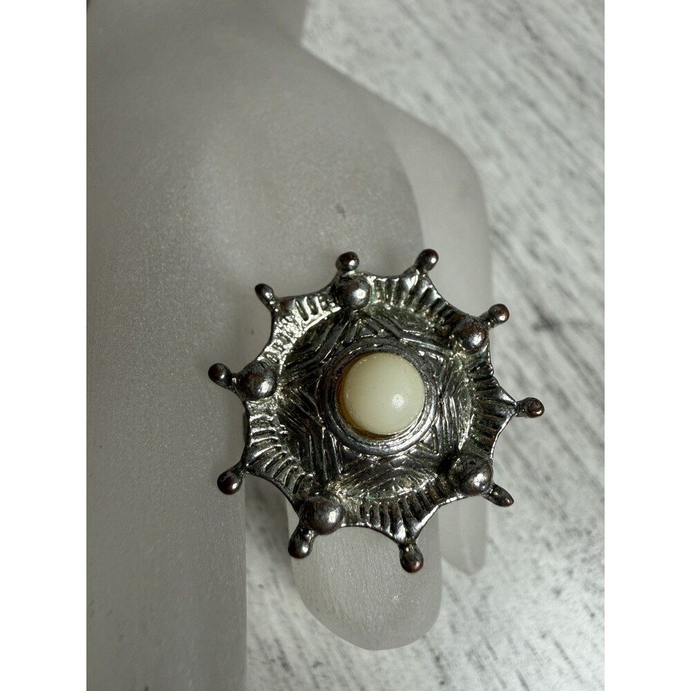 Vintage Statement Ring Size 7 Sunburst Textured Metal Cream Cabochon Boho